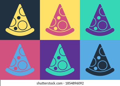 Pop art Slice of pizza icon isolated on color background. Fast food menu.  Vector