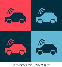 Pop-Art-Smart-Car-System mit Wireless-Verbindungssymbol auf farbigem Hintergrund isoliert. Fernbedienung.  Vektorgrafik