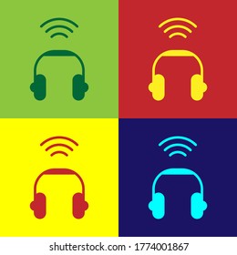 Pop art Smart headphones system icon isolated on color background. Internet of things concept with wireless connection. Vector