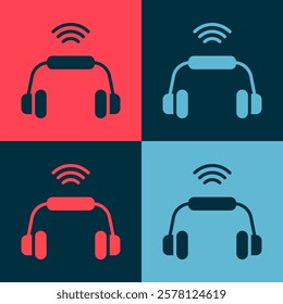 Pop art Smart headphones system icon isolated on color background. Internet of things concept with wireless connection.  Vector