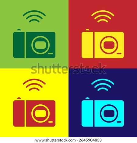 Pop art Smart photo camera system icon isolated on color background. Internet of things concept with wireless connection.  Vector