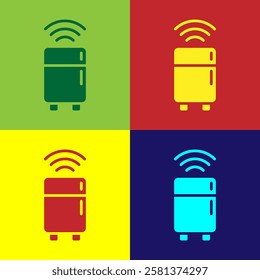 Pop art Smart refrigerator icon isolated on color background. Fridge freezer refrigerator. Internet of things concept with wireless connection.  Vector