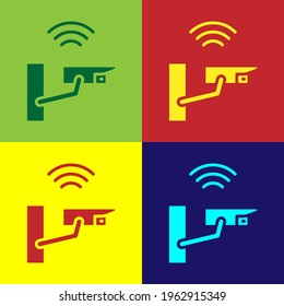 Pop art Smart security camera icon isolated on color background. Internet of things concept with wireless connection.  Vector