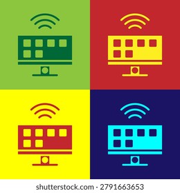 Pop art Smart Tv system icon isolated on color background. Television sign. Internet of things concept with wireless connection.  Vector