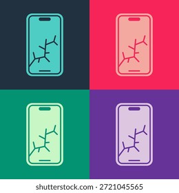 Pop art Smartphone with broken screen icon isolated on color background. Shattered phone screen icon.  Vector
