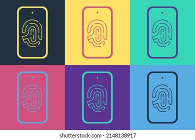 Pop art Smartphone con icono de escáner de huellas digitales aislado en el fondo de color. Concepto de seguridad, acceso personal a través del dedo en el móvil.  Vector