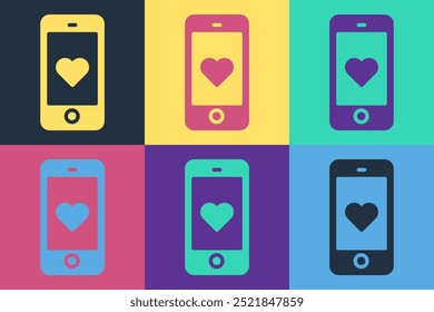 Pop art Smartphone with heart emoji speech bubble get message on screen icon isolated on color background. Valentines day.  Vector