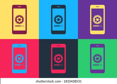Pop art Smartphone proceso de actualización con progreso de la caja de cambios e icono de carga aislado en el fondo del color. Concepto de actualización y actualización del software del sistema. Vector.