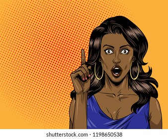 Pop art smiling attractive girl with brown hairs  pointing finger up on orange background vector illustration