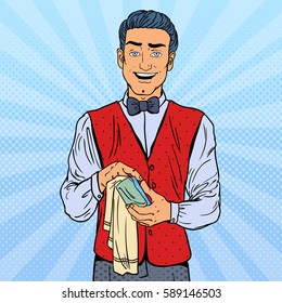 Pop Art Smiling Barista Wiping Glass in Nightclub. Vector illustration