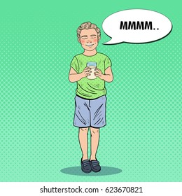 Pop Art Smiling Boy with Glass of Milk. Healthy Eating. Vector illustration