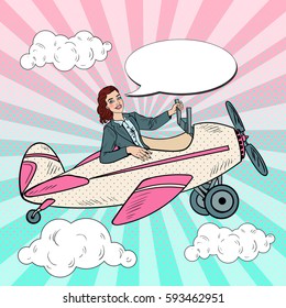 Pop Art Smiling Business Woman Riding Vintage Airplane. Vector illustration