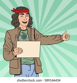 Pop Art Smiling Hitchhiking Hipster Tourist with Blank Sheet. Vector illustration
