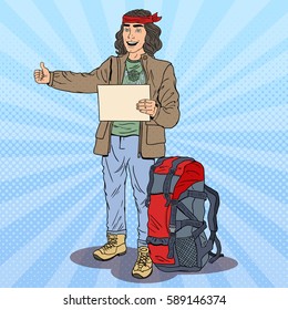 Pop Art Smiling Hitchhiking Man with Backpack. Vector illustration