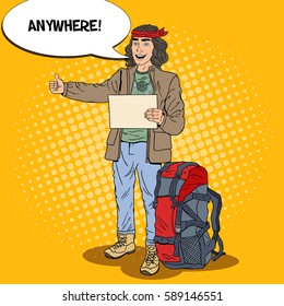 Pop Art Smiling Hitchhiking Man Travel with Backpack. Vector illustration