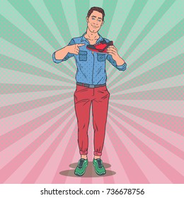 Pop Art Smiling Man Advertising New Sport Shoes. Guy Holding Sneakers. Vector illustration