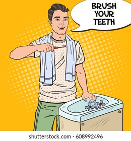 Pop Art Smiling Man Brushing Teeth in Bathroom. Oral Hygiene. Vector illustration