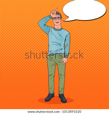 Pop Art Smiling Man Showing Loser Sign on Forehead. Negative Human Emotion Facial Expression. Vector illustration