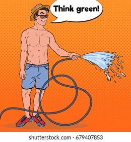 Pop Art Smiling Man Watering with Garden Hose. Vector illustration