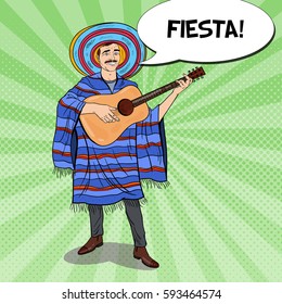 Pop Art Smiling Mariachi in Poncho and Sombrero with Guitar. Vector illustration