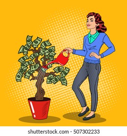 Pop Art Smiling Rich Woman Watering Money Tree. Vector Illustration