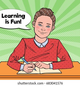 Pop Art Smiling Schoolboy Doing Homework. Educational Concept. Vector illustration