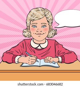 Pop Art Smiling Schoolgirl Doing Homework. Educational Concept. Vector illustration