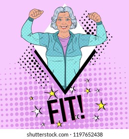 Pop Art Smiling Senior Mature Woman Showing Muscles. Healthy Lifestyle Poster. Happy Strong Grandmother. Vector illustration