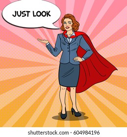 Pop Art Smiling Super Business Woman in Red Cape Pointing on Copy Space. Presentation. Vector illustration