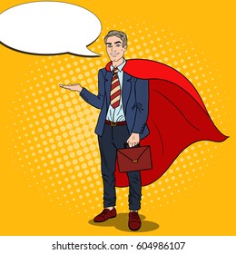 Pop Art Smiling Super Businessman in Red Cape Pointing on Copy Space. Business Presentation. Vector illustration