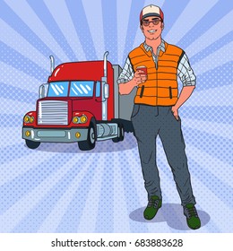 Pop Art Smiling Trucker Standing in front of a Truck. Professional Driver. Vector illustration