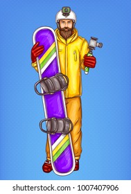 Dibujo de dibujo vectorial del hombre del snowboarder pop. Hombre adulto con barba de hipster sostiene snowboard en invierno moderno equipo deportivo de esquí, guantes y casco con cámara de acción aislada en fondo azul