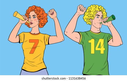 Pop Art Soccer Fans with Horns Supporting Favorite Teams. Football Supporter Man and Woman with Vuvuzela. Vector illustration