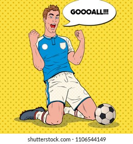 Pop Art Soccer Player Celebrating Goal. Happy Footballer, Sport Concept, World Cup. Vector illustration