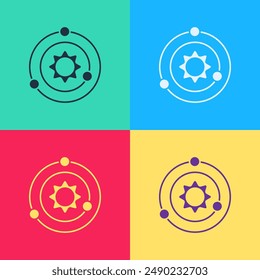 Pop art Solar system icon isolated on color background. The planets revolve around the star.  Vector