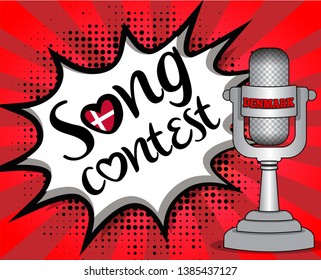 Pop Art song contest with Country flag speech bubble and Microphone with country name. Vector singing illustration in retro comic style. Music