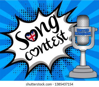 Pop Art song contest with Country flag speech bubble and Microphone with country name. Vector singing illustration in retro comic style. Music