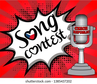 Pop Art song contest with Country flag speech bubble and Microphone with country name. Vector singing illustration in retro comic style. Music