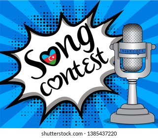 Pop Art song contest with Country flag speech bubble and Microphone with country name. Vector singing illustration in retro comic style. Music