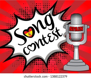 Pop Art song contest with Country flag speech bubble and Microphone with country name. Vector singing illustration in retro comic style. Music