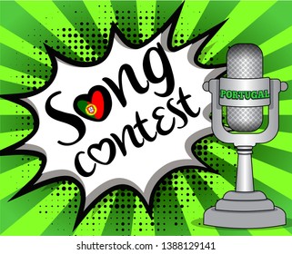 Pop Art song contest with Country flag speech bubble and Microphone with country name. Vector singing illustration in retro comic style. Music