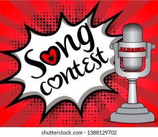 Pop Art song contest with Country flag speech bubble and Microphone with country name. Vector singing illustration in retro comic style. Music
