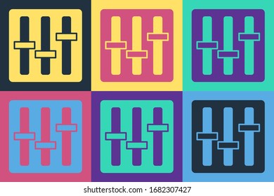 Pop art Sound mixer controller icon isolated on color background. Dj equipment slider buttons. Mixing console.  Vector Illustration