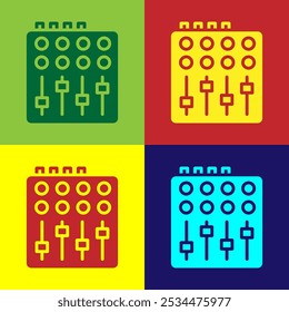 Icono del regulador del mezclador de sonido del arte del Pop aislado en fondo del color. Botones deslizantes para equipos de DJ. Consola de mezcla.  Vector