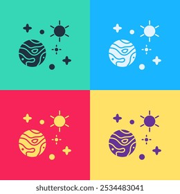 Pop art Space and planet icon isolated on color background. Planets surface with craters, stars and comets.  Vector Illustration