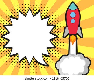 Pop art Space Rocket with empty speech bubble. Vector illustration