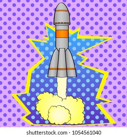 Pop art space rocket takes off from planet Earth. Comic book style imitation. Vintage retro style. Conceptual illustration