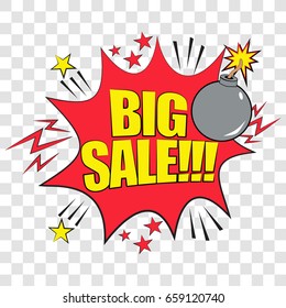 Pop art speech bubble with big sale mark and bomb. Vector bright dynamic cartoon illustration in retro pop art style isolated on  transparent background.
