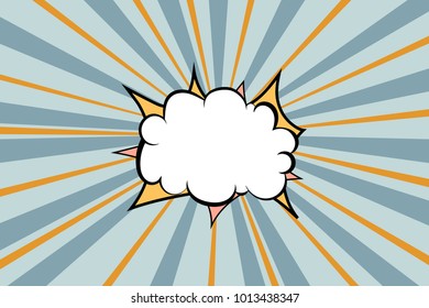 Pop art speech bubble. Blue rays background and message cloud. Clear blank, design element with empty space for text. Comic bang shape, retro vector illustration 