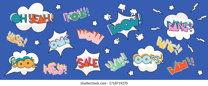 Pop art speech bubble collection. Set of isolated hand-drawn vector speech bubbles in variety of colours. Retro style illustrations on a dark blue background. 
